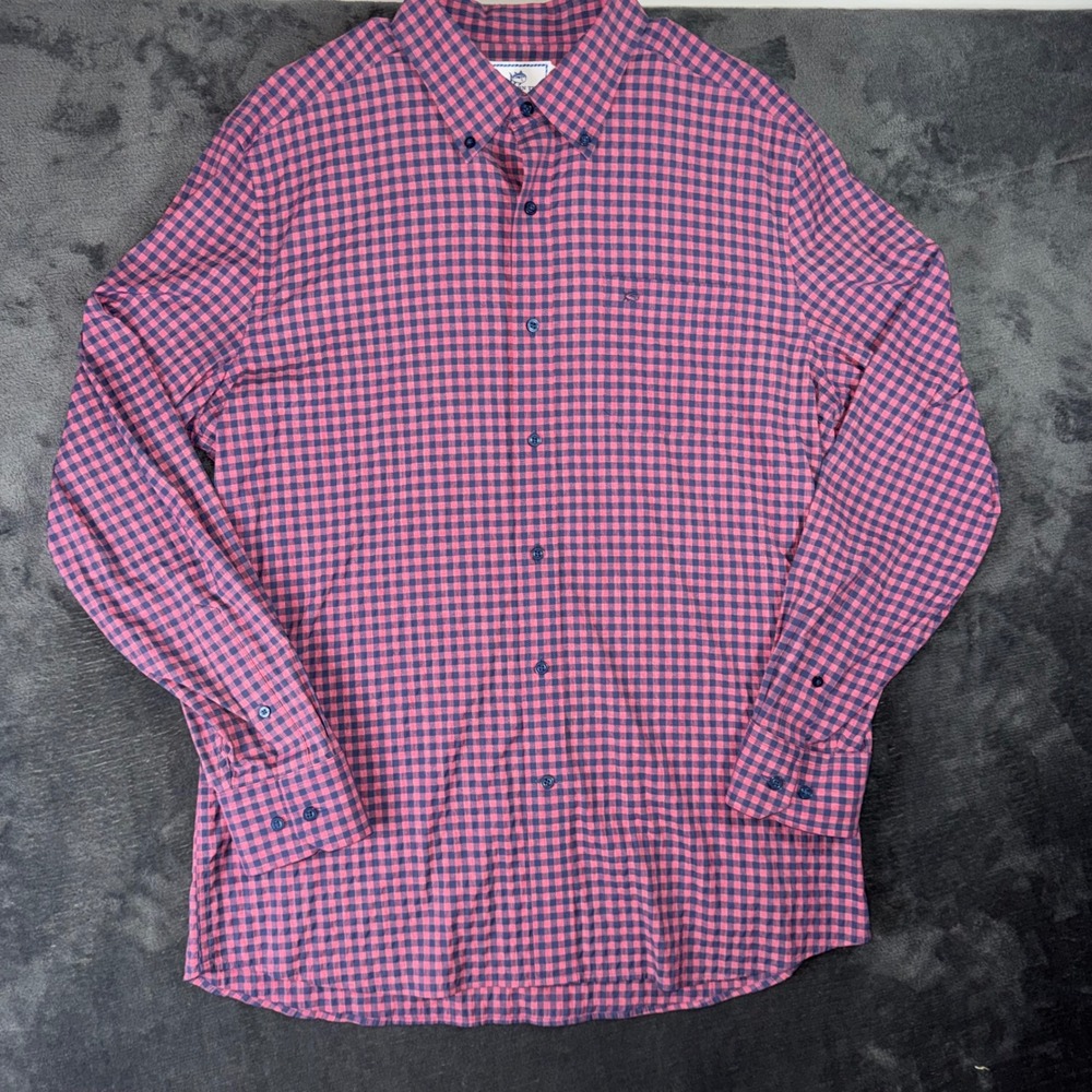 Mens‎ Large Southern Tide Intercoastal Shirt Pink Blue Gingham Excellent Stretch